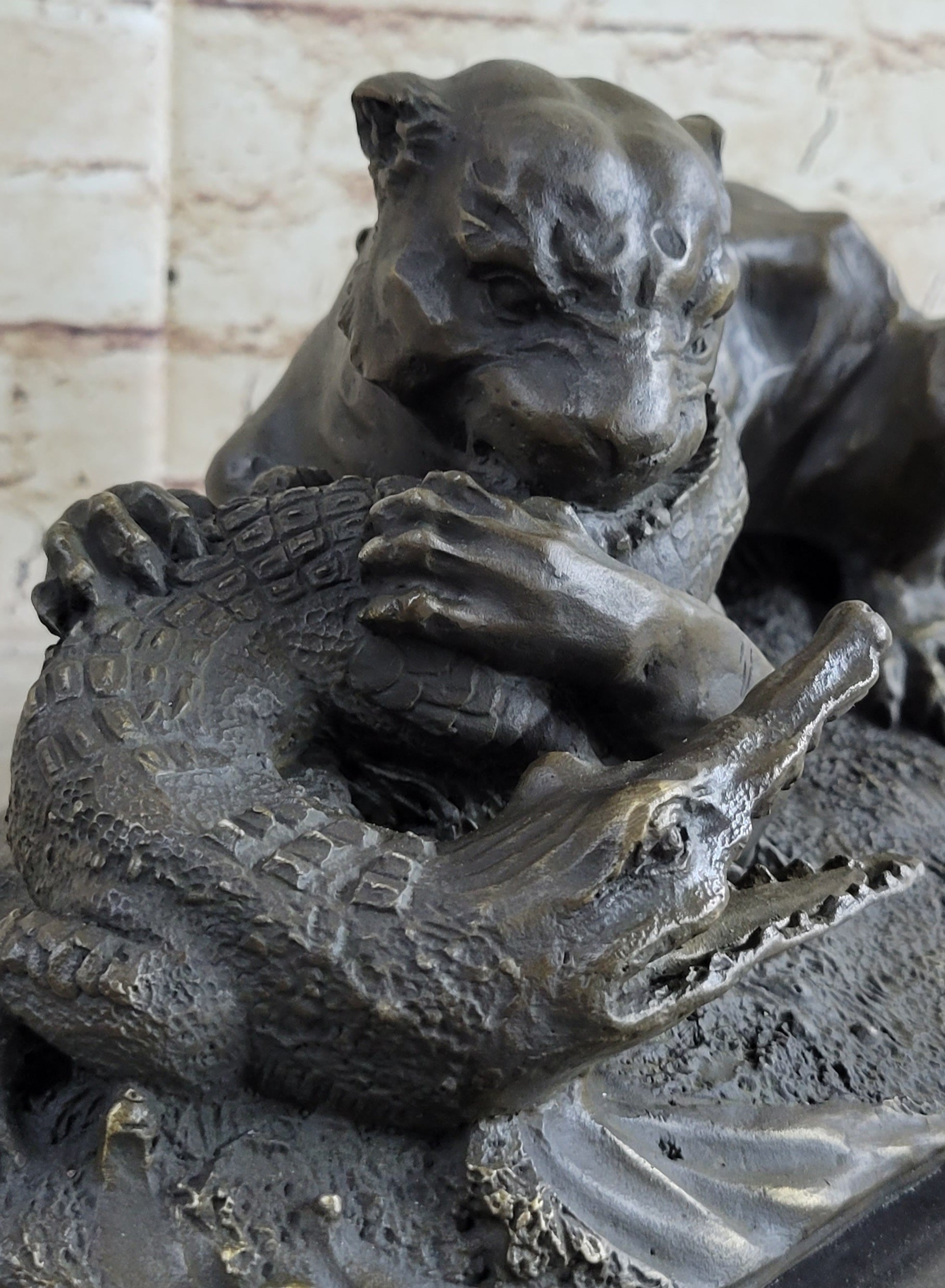 Panther Puma Mountain Lion vs. Alligator Bronze Sculpture