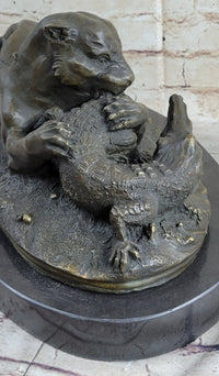 Panther Puma Mountain Lion vs. Alligator Bronze Sculpture