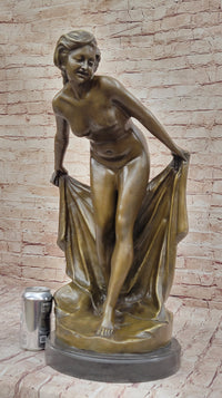 Sexy Nude Girl Holding Towel Bronze Sculpture Figure Art