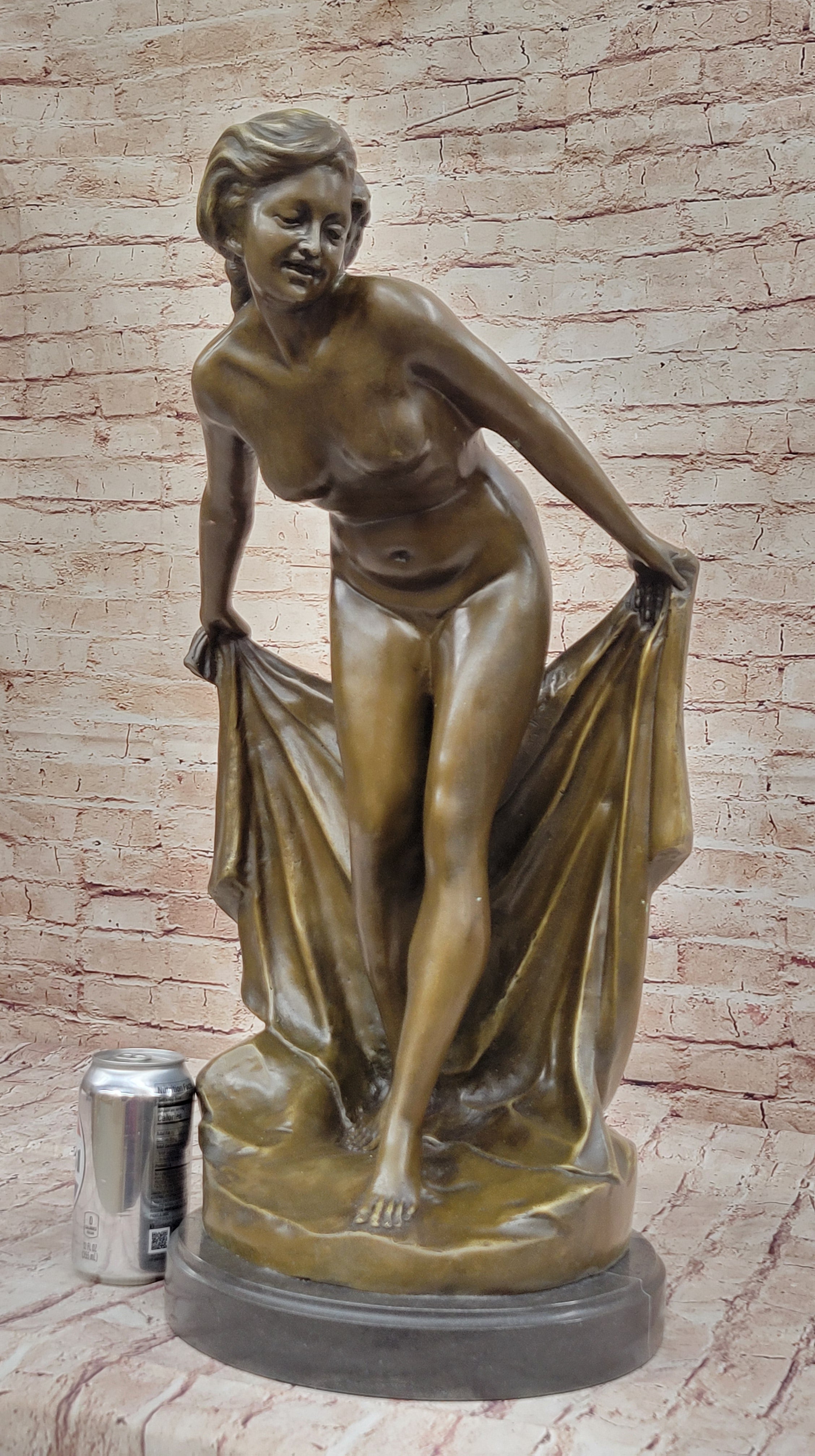 Sexy Nude Girl Holding Towel Bronze Sculpture Figure Art