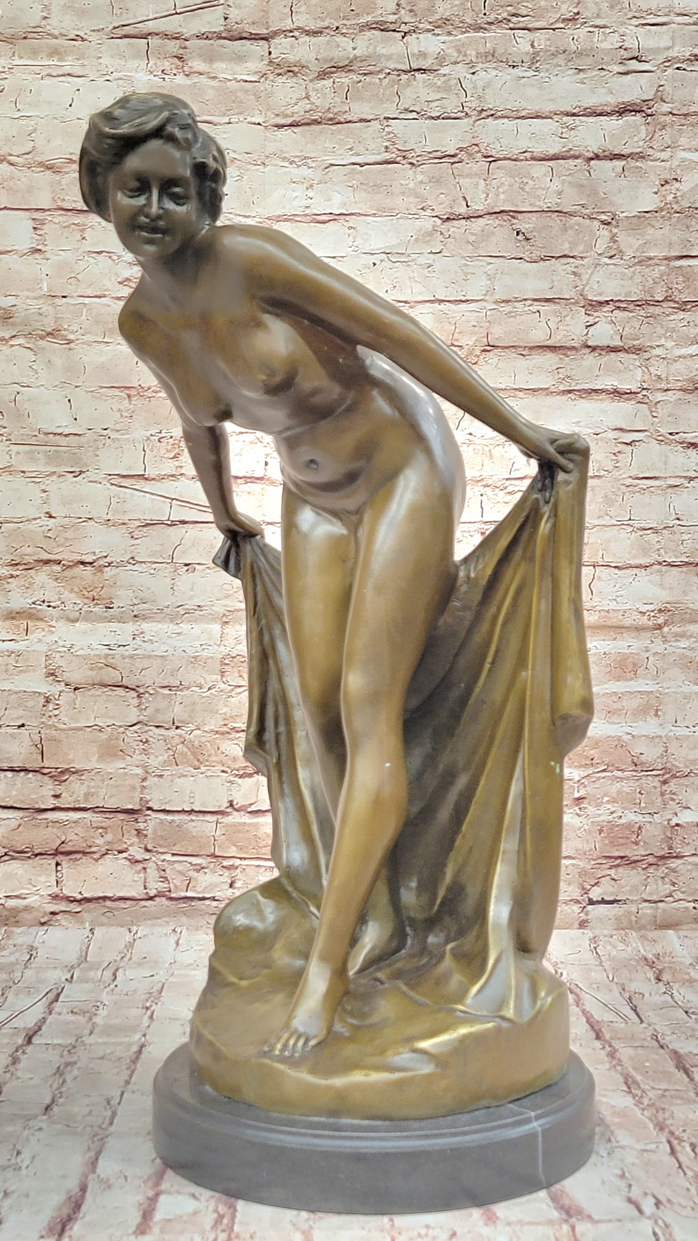 Sexy Nude Girl Holding Towel Bronze Sculpture Figure Art