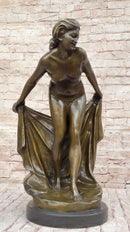 Sexy Nude Girl Holding Towel Bronze Sculpture Figure Art