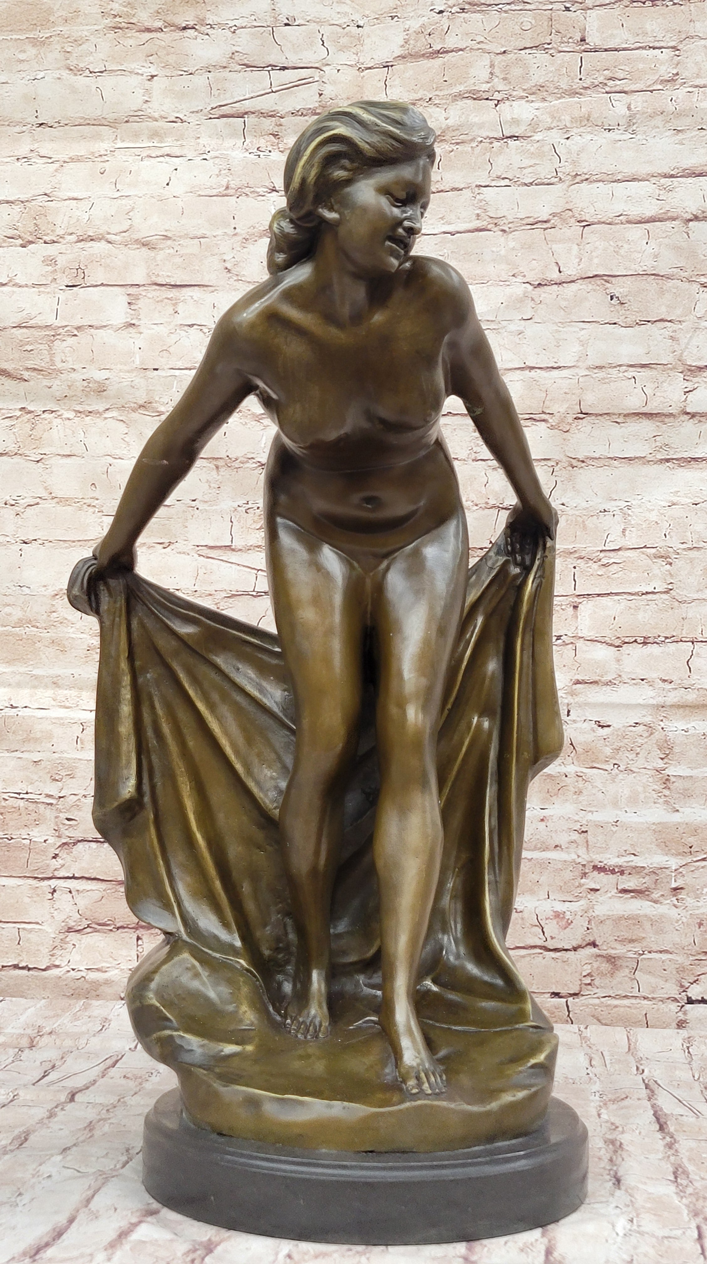 Sexy Nude Girl Holding Towel Bronze Sculpture Figure Art
