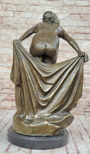 Sexy Nude Girl Holding Towel Bronze Sculpture Figure Art