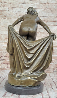Sexy Nude Girl Holding Towel Bronze Sculpture Figure Art