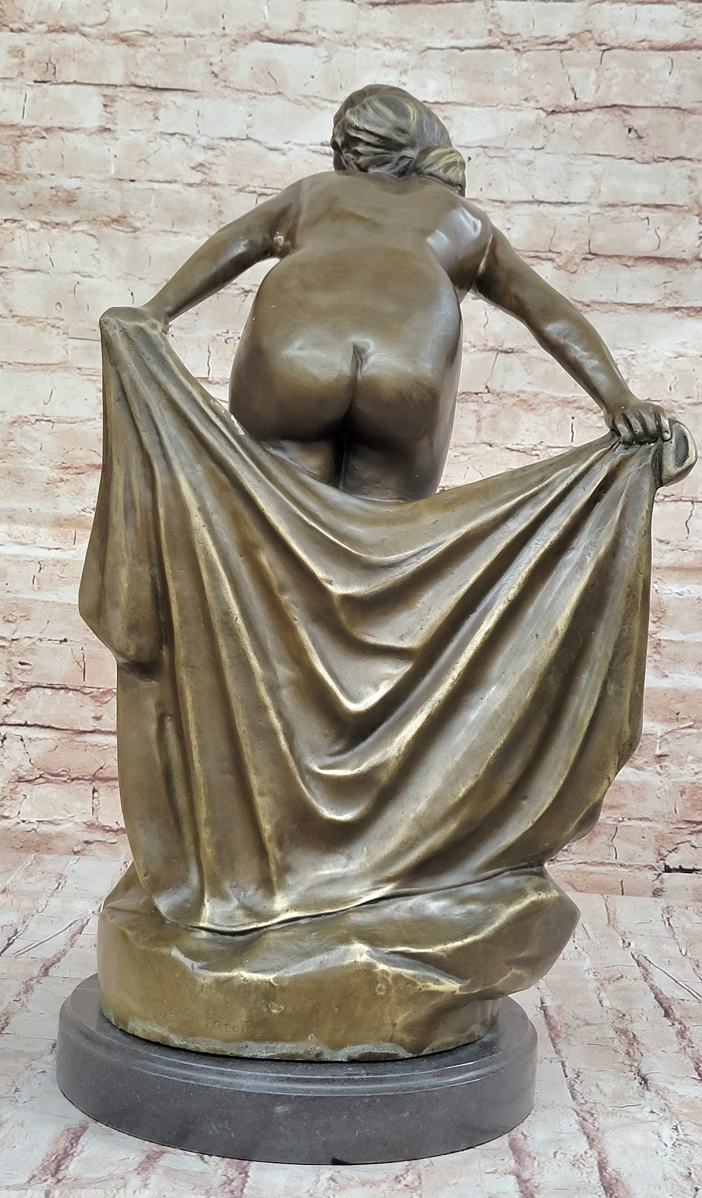 Sexy Nude Girl Holding Towel Bronze Sculpture Figure Art