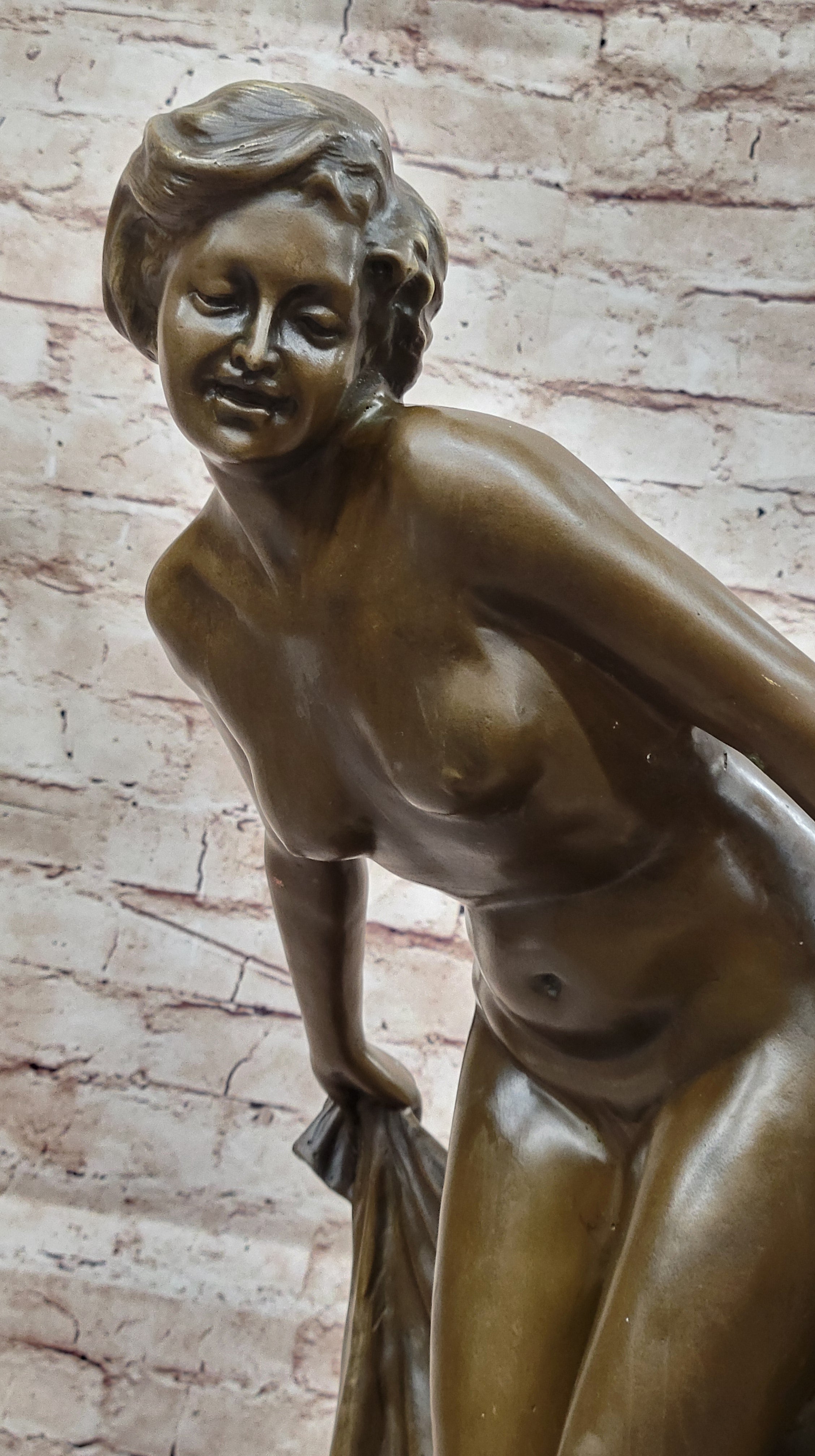 Sexy Nude Girl Holding Towel Bronze Sculpture Figure Art