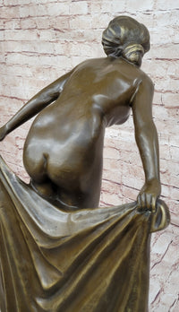 Sexy Nude Girl Holding Towel Bronze Sculpture Figure Art
