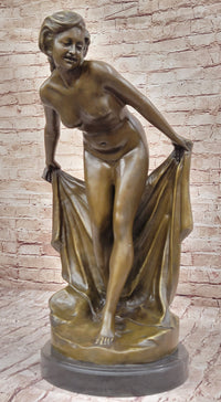 Sexy Nude Girl Holding Towel Bronze Sculpture Figure Art
