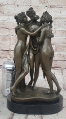 Three Graces Greek Roman Nude Female Figures Sculpture on Marble Base