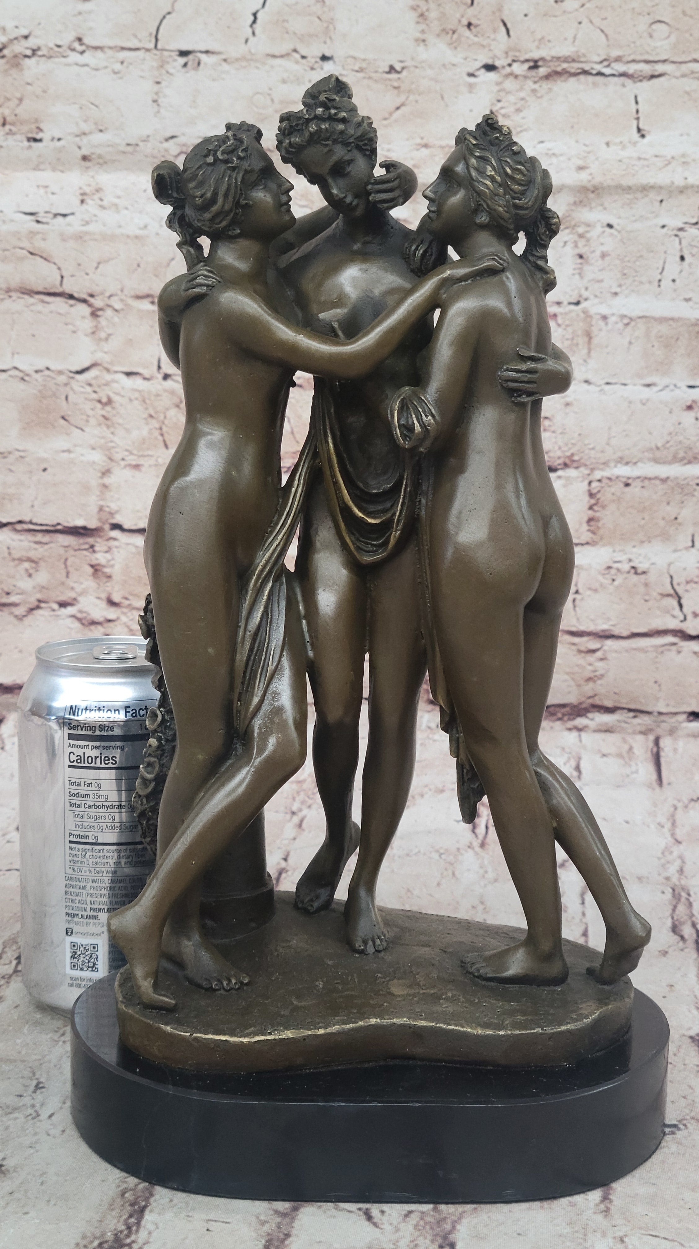 Three Graces Greek Roman Nude Female Figures Sculpture on Marble Base