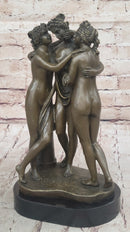 Three Graces Greek Roman Nude Female Figures Sculpture on Marble Base