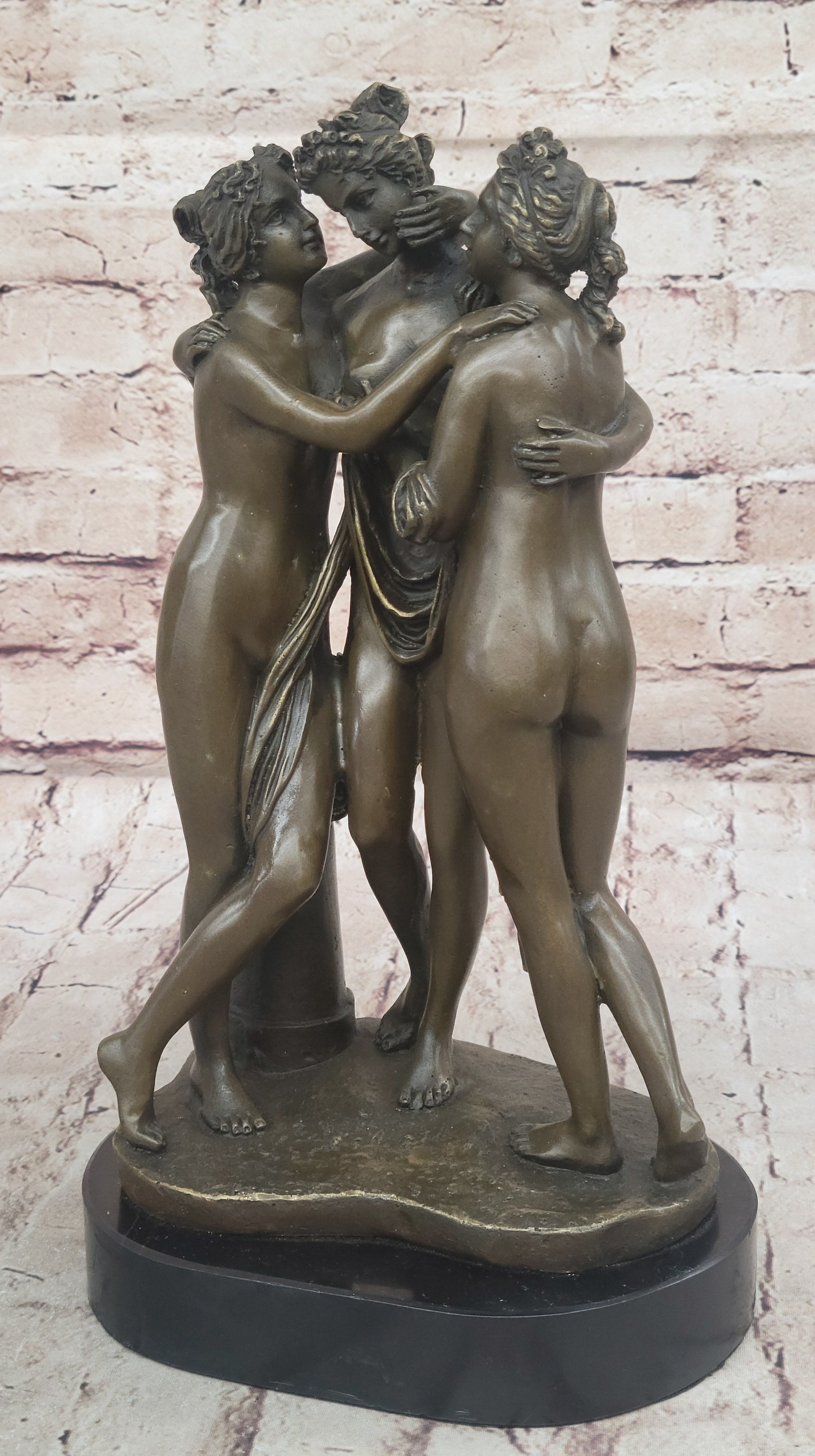 Three Graces Greek Roman Nude Female Figures Sculpture on Marble Base