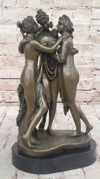 Three Graces Greek Roman Nude Female Figures Sculpture on Marble Base
