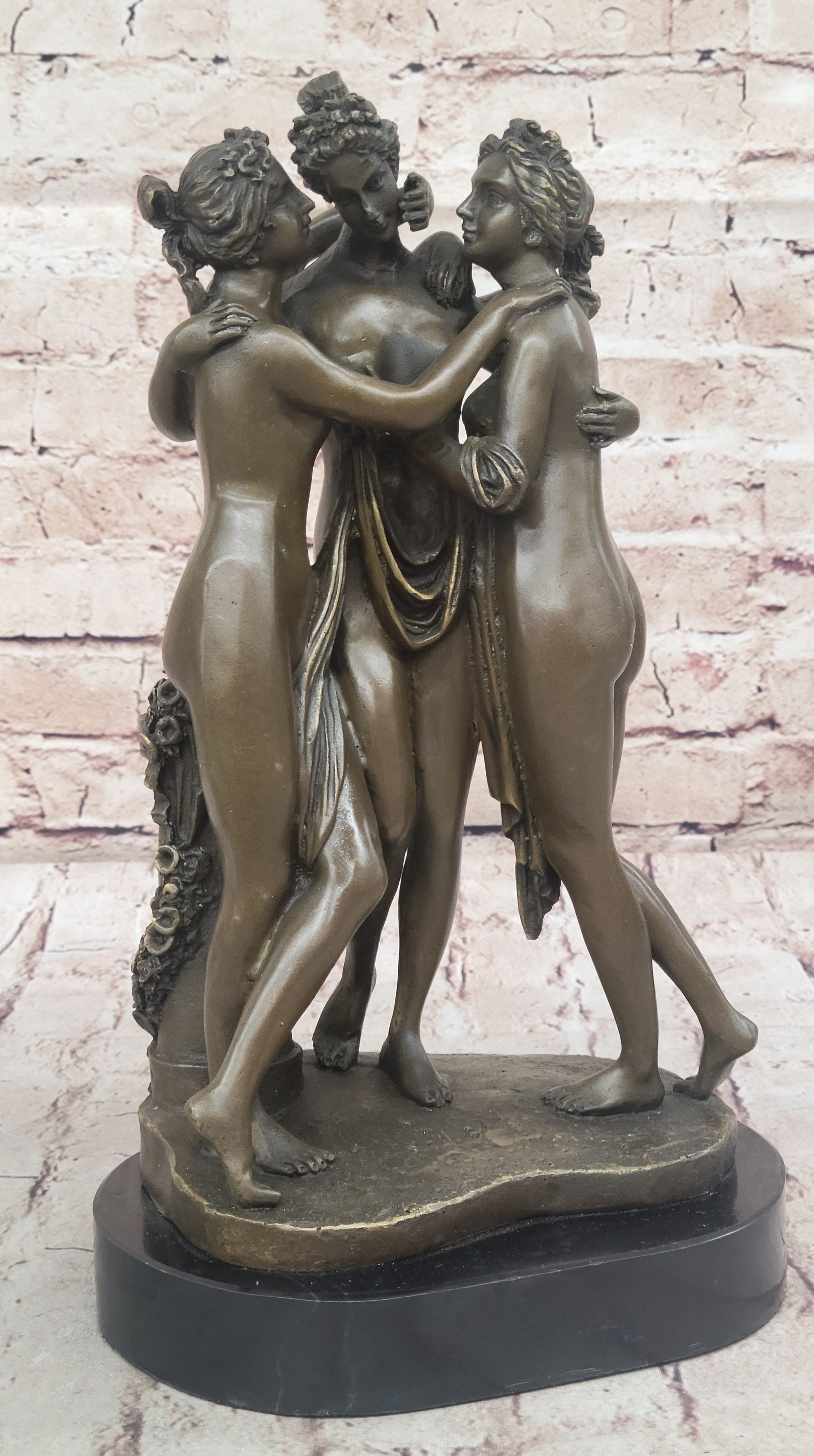Three Graces Greek Roman Nude Female Figures Sculpture on Marble Base