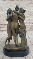 Three Graces Greek Roman Nude Female Figures Sculpture on Marble Base