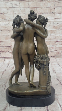 Three Graces Greek Roman Nude Female Figures Sculpture on Marble Base
