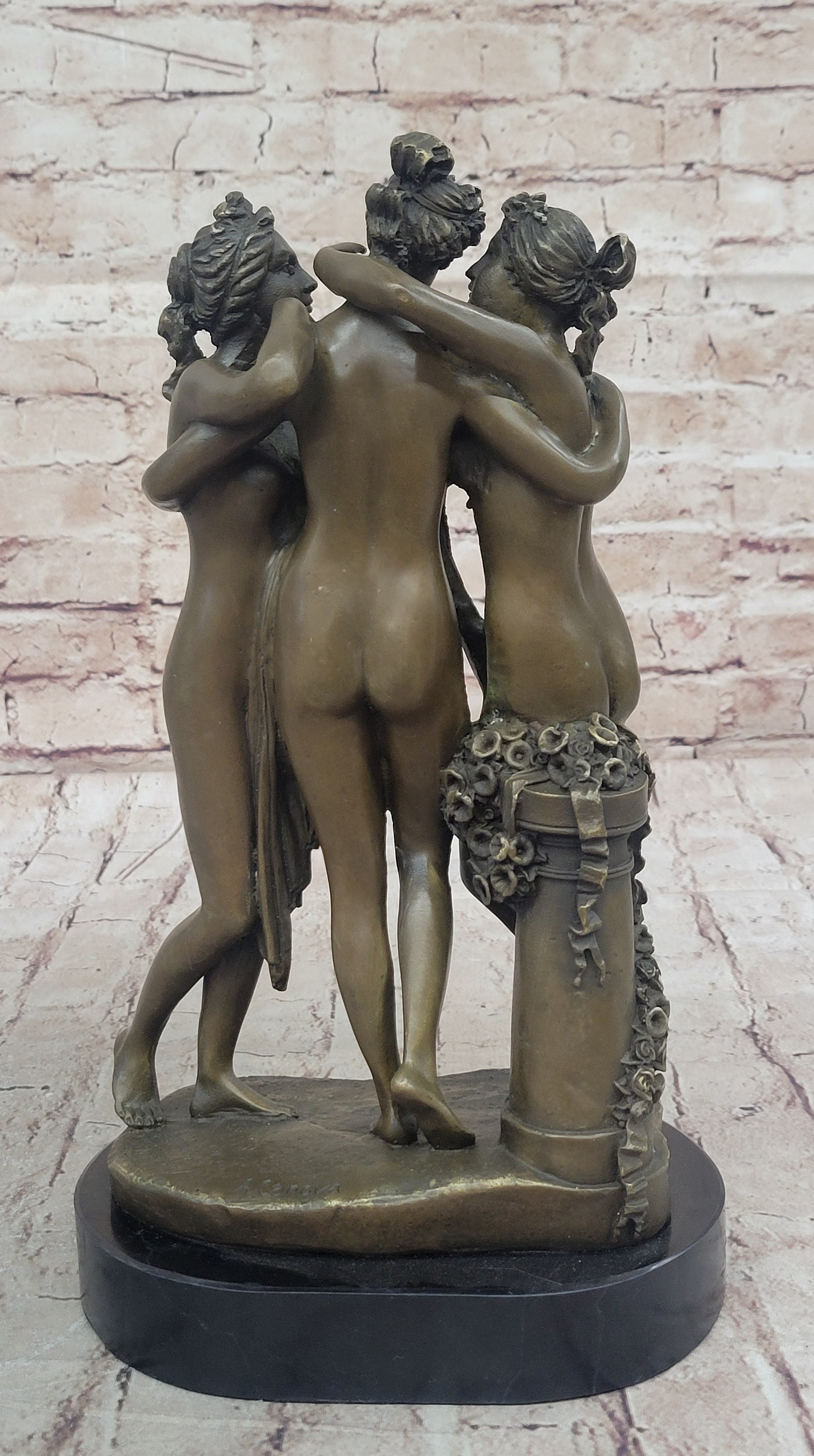 Three Graces Greek Roman Nude Female Figures Sculpture on Marble Base