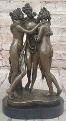 Three Graces Greek Roman Nude Female Figures Sculpture on Marble Base