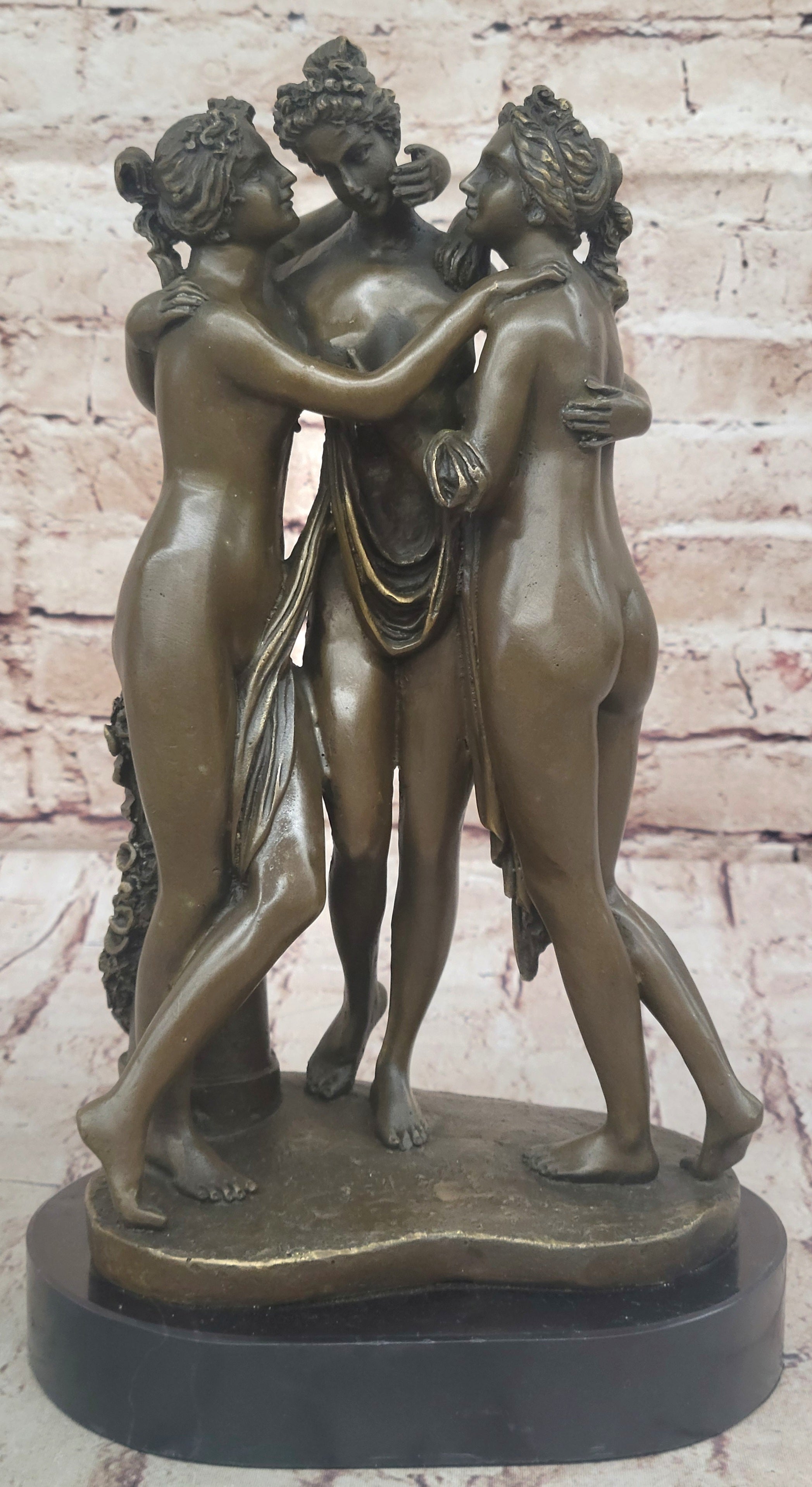 Three Graces Greek Roman Nude Female Figures Sculpture on Marble Base