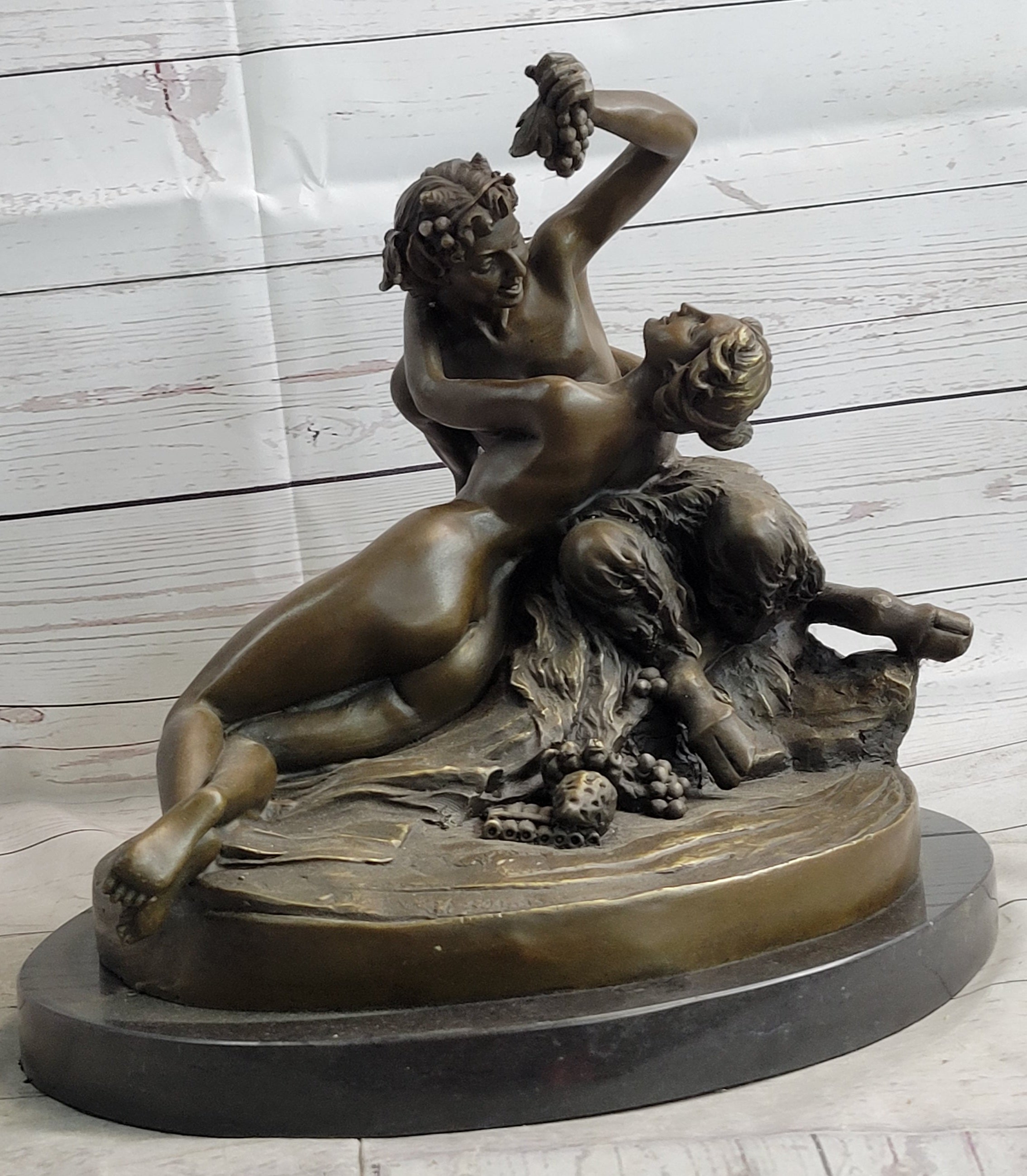 Dionysus Bacchus Faun Seducing Nude Nymph - Bronze Sculpture Art