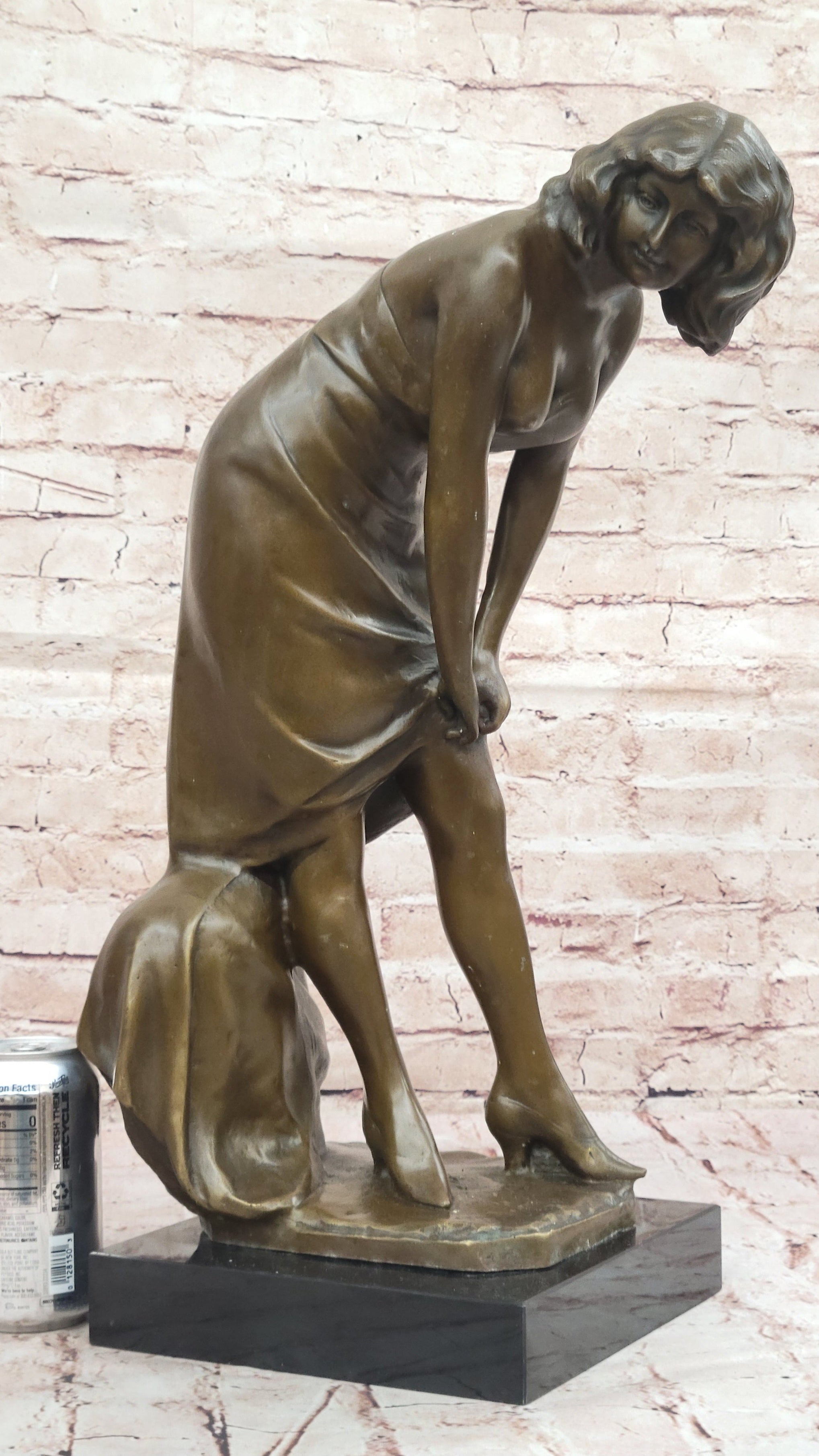 Bronze Sculpture of Woman Adjusting Dress on Marble Base