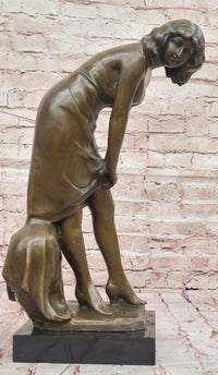 Bronze Sculpture of Woman Adjusting Dress on Marble Base