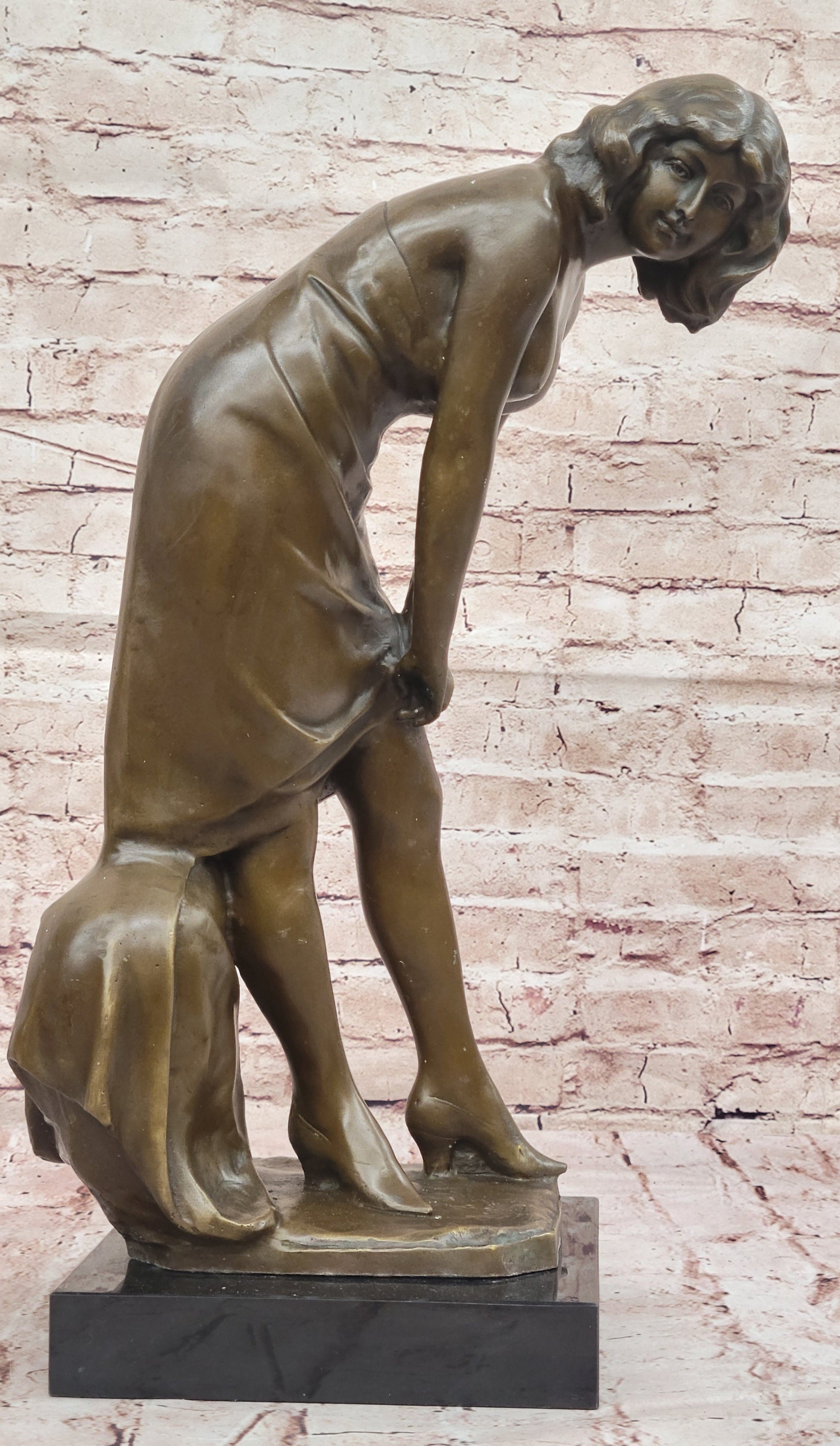 Bronze Sculpture of Woman Adjusting Dress on Marble Base