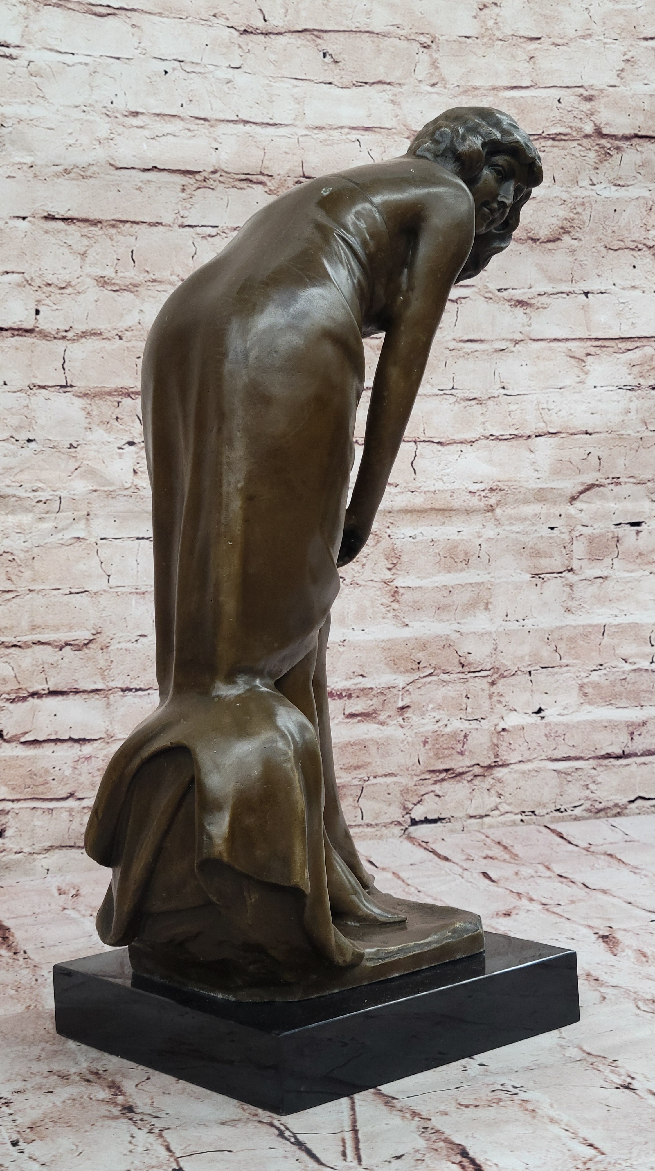 Bronze Sculpture of Woman Adjusting Dress on Marble Base