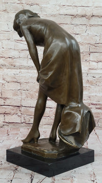 Bronze Sculpture of Woman Adjusting Dress on Marble Base