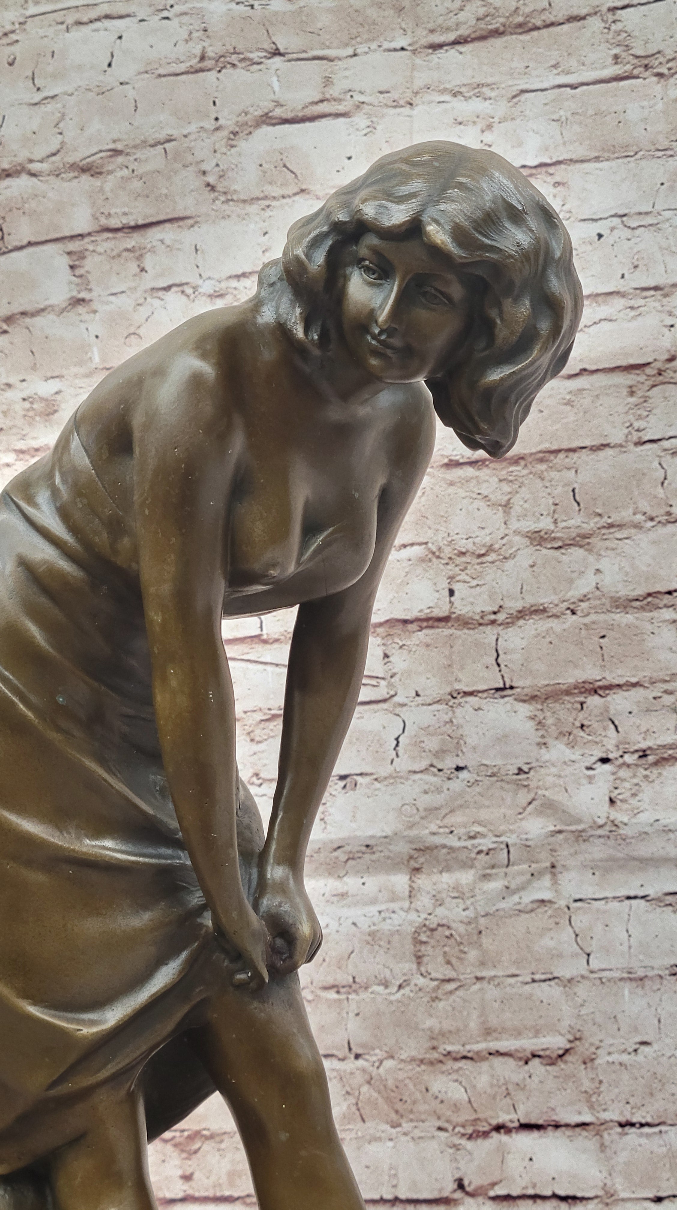 Bronze Sculpture of Woman Adjusting Dress on Marble Base