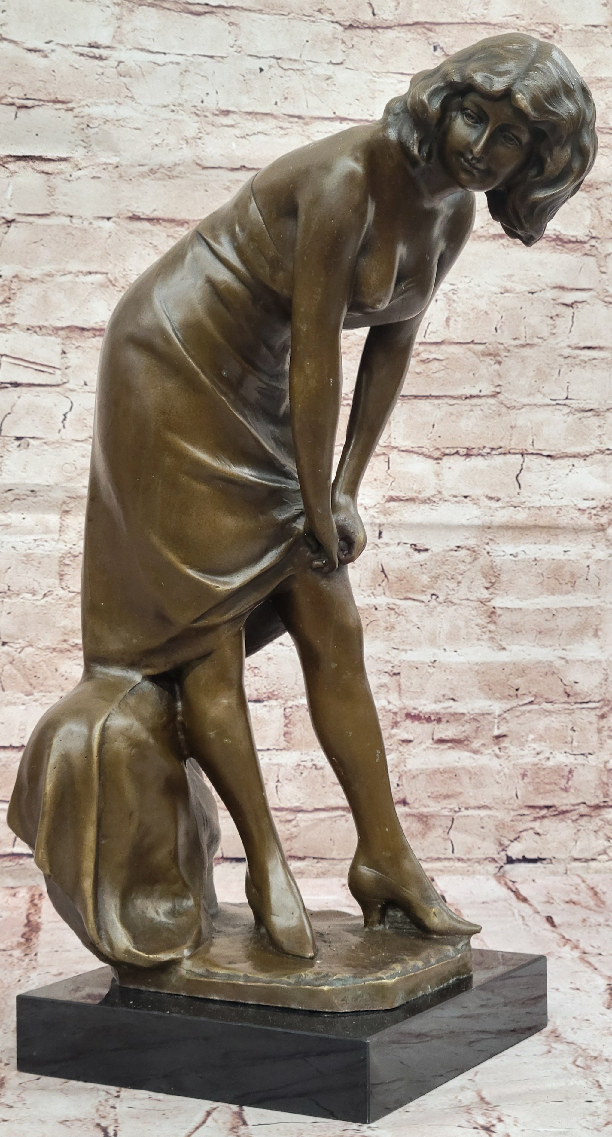 Bronze Sculpture of Woman Adjusting Dress on Marble Base