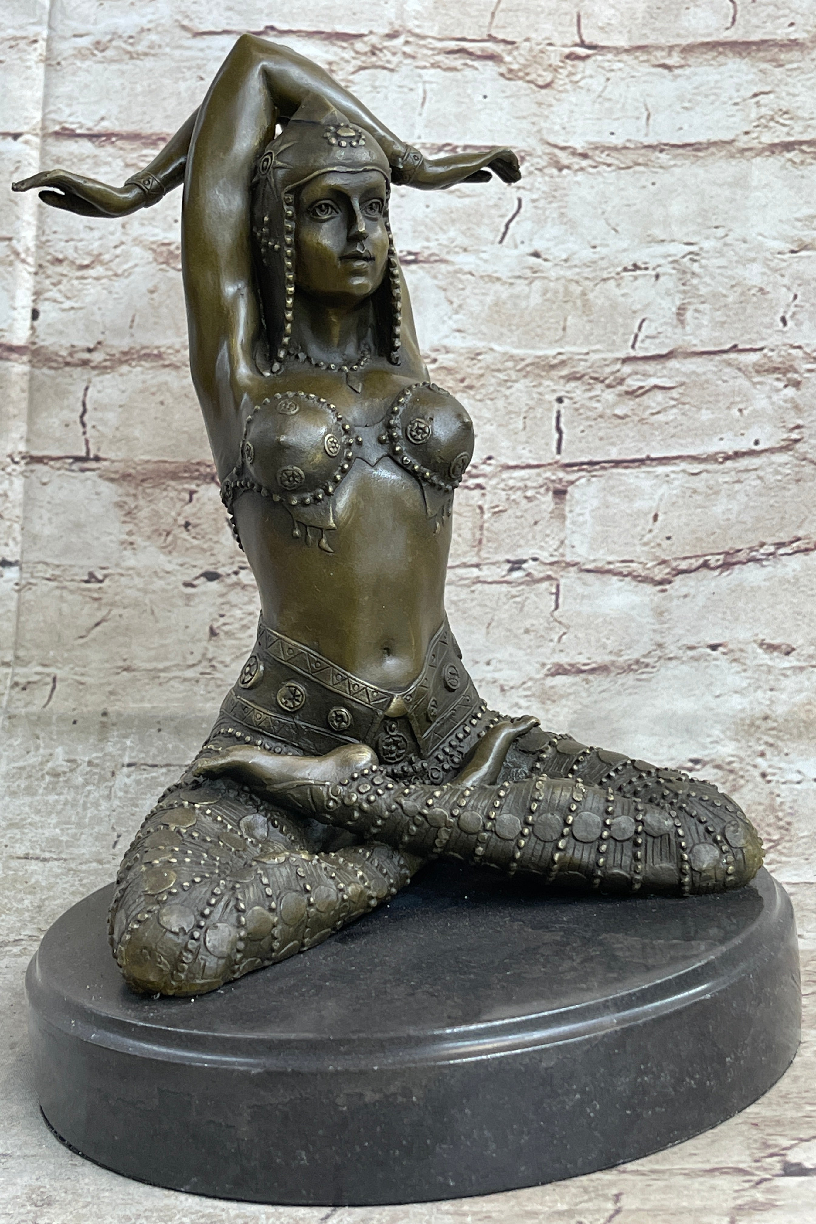 Lady Yoga Meditation Bronze Sculpture Art Deco Marble Base