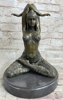 Lady Yoga Meditation Bronze Sculpture Art Deco Marble Base
