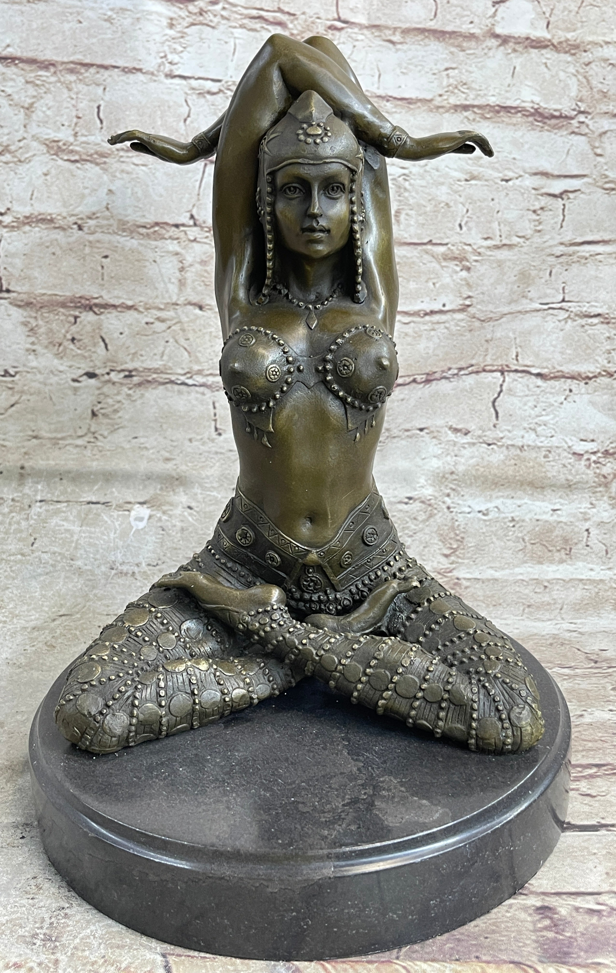 Lady Yoga Meditation Bronze Sculpture Art Deco Marble Base