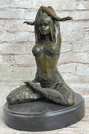 Lady Yoga Meditation Bronze Sculpture Art Deco Marble Base