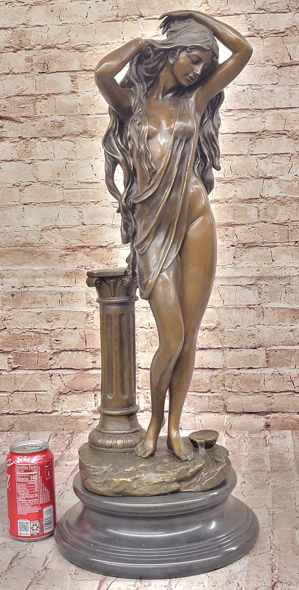 Elegant Bronze Statue of Woman by Column – Graceful Nude Figure Sculpture on Marble Base by Aldo Vitaleh
