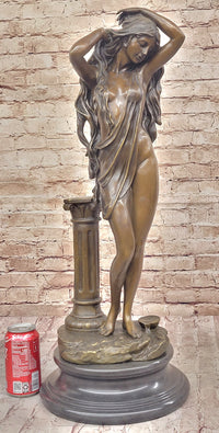 Elegant Bronze Statue of Woman by Column – Graceful Nude Figure Sculpture on Marble Base by Aldo Vitaleh