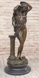 Elegant Bronze Statue of Woman by Column – Graceful Nude Figure Sculpture on Marble Base by Aldo Vitaleh