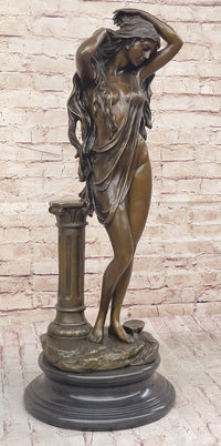Elegant Bronze Statue of Woman by Column – Graceful Nude Figure Sculpture on Marble Base by Aldo Vitaleh
