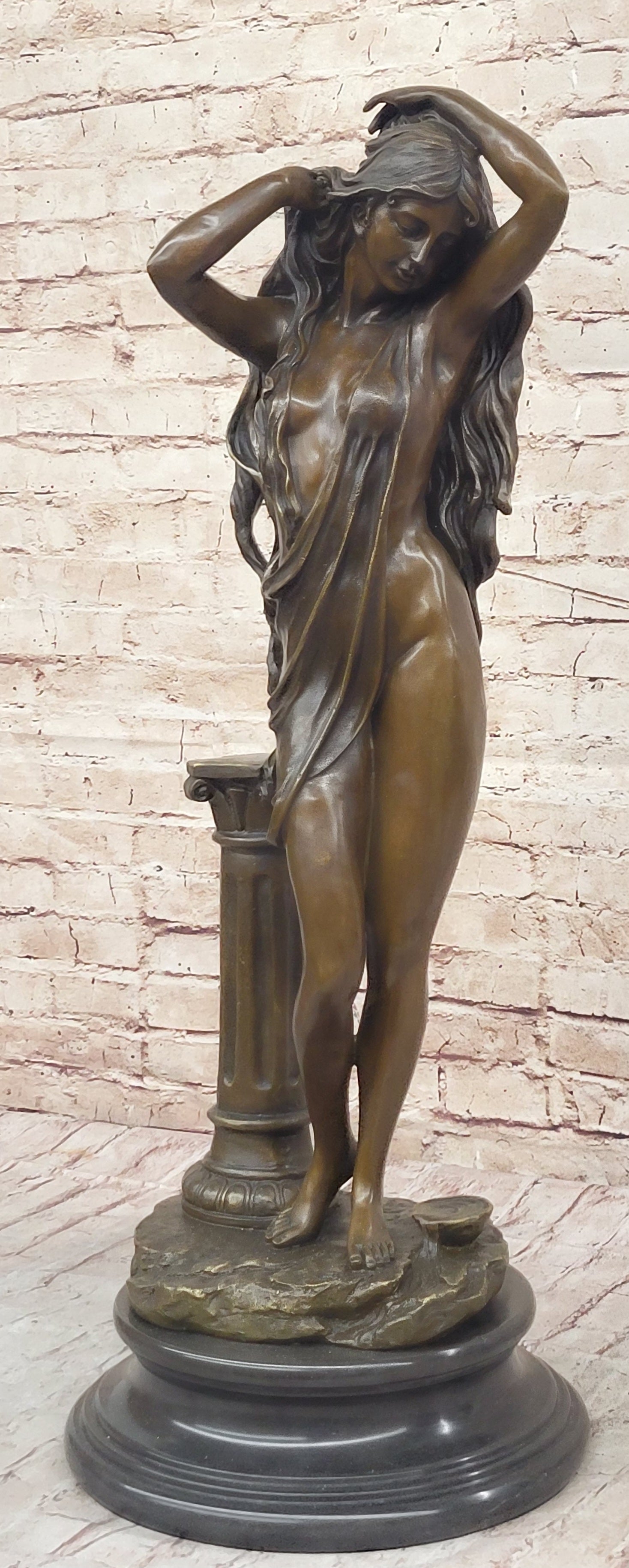 Elegant Bronze Statue of Woman by Column – Graceful Nude Figure Sculpture on Marble Base by Aldo Vitaleh
