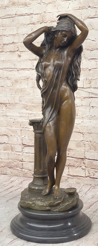 Elegant Bronze Statue of Woman by Column – Graceful Nude Figure Sculpture on Marble Base by Aldo Vitaleh
