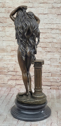 Elegant Bronze Statue of Woman by Column – Graceful Nude Figure Sculpture on Marble Base by Aldo Vitaleh