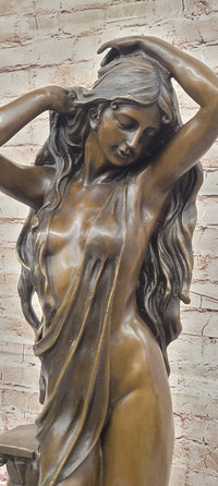 Elegant Bronze Statue of Woman by Column – Graceful Nude Figure Sculpture on Marble Base by Aldo Vitaleh