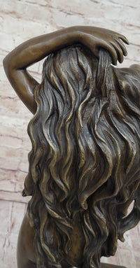 Elegant Bronze Statue of Woman by Column – Graceful Nude Figure Sculpture on Marble Base by Aldo Vitaleh