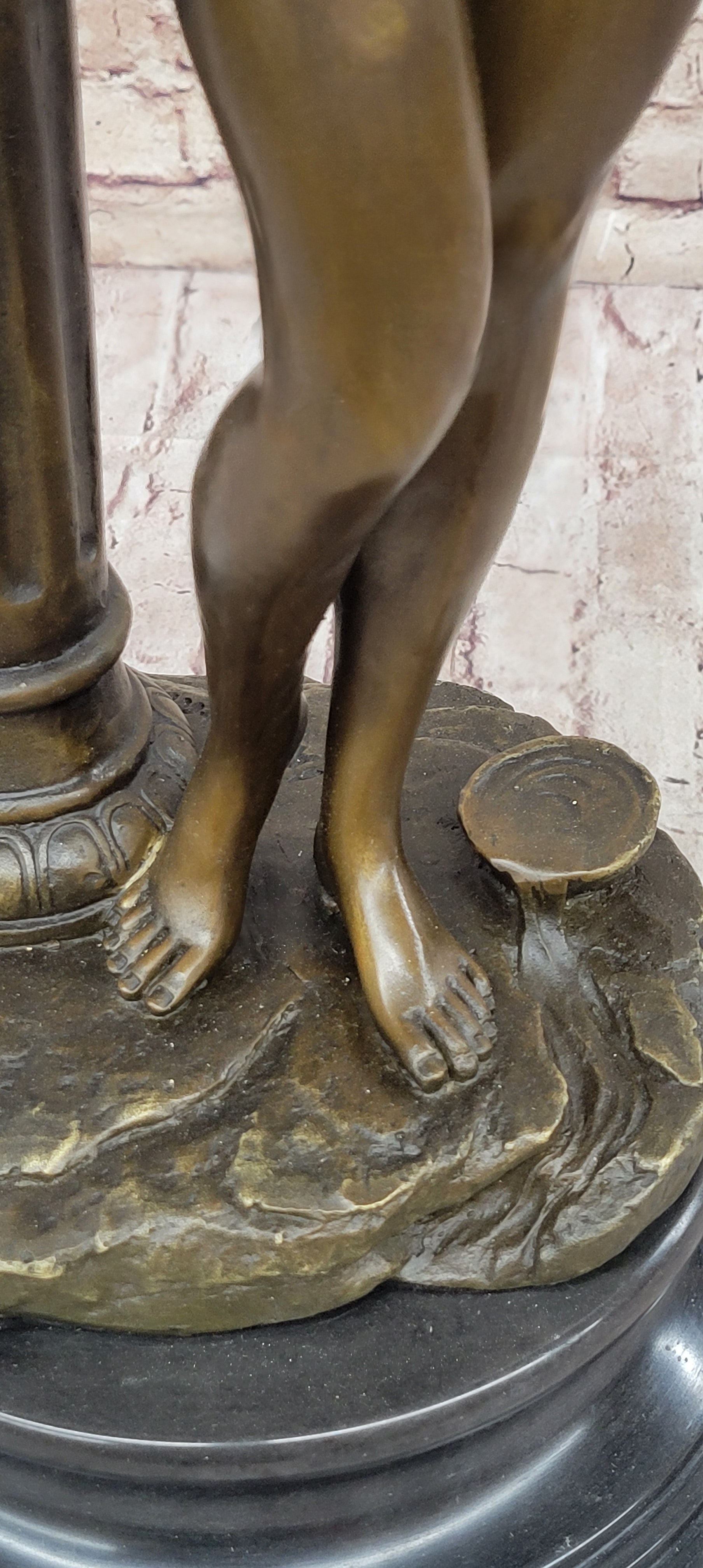 Elegant Bronze Statue of Woman by Column – Graceful Nude Figure Sculpture on Marble Base by Aldo Vitaleh