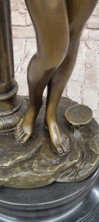 Elegant Bronze Statue of Woman by Column – Graceful Nude Figure Sculpture on Marble Base by Aldo Vitaleh