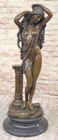 Elegant Bronze Statue of Woman by Column – Graceful Nude Figure Sculpture on Marble Base by Aldo Vitaleh