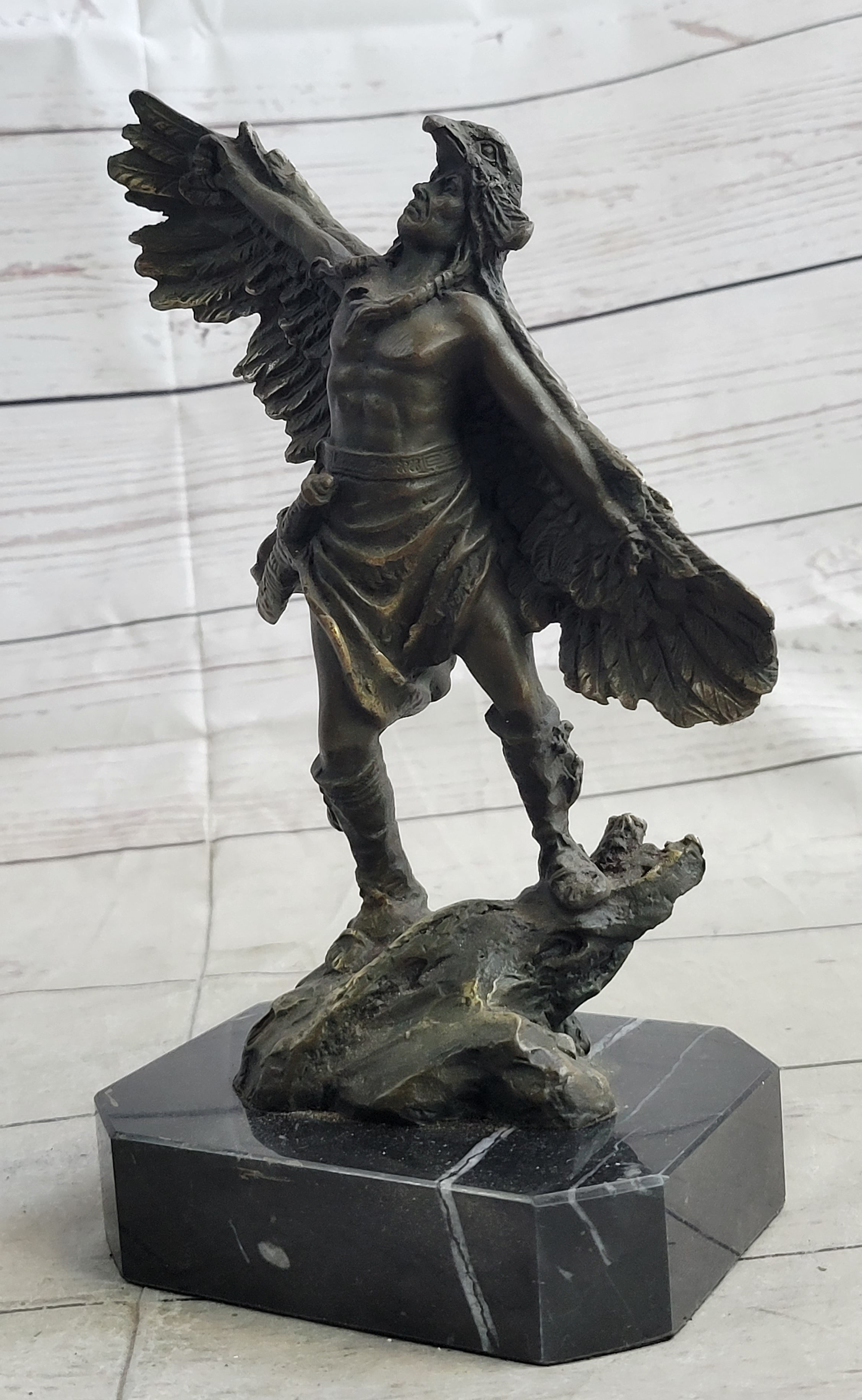 Native American Eagle Dancer Shaman Bronze Sculpture Marble Base