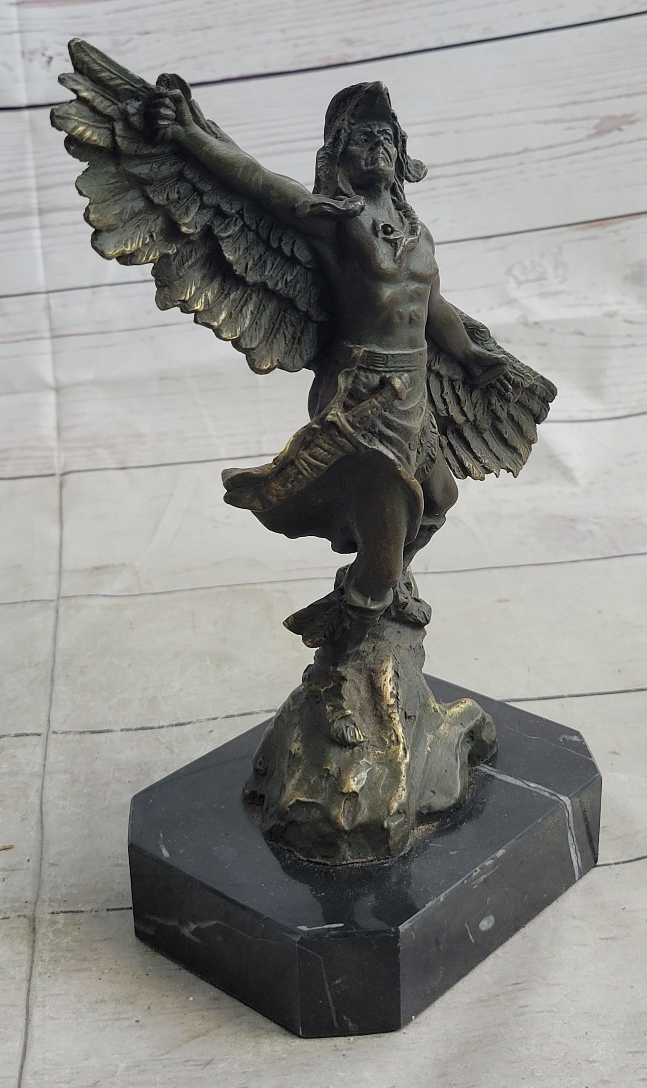 Native American Eagle Dancer Shaman Bronze Sculpture Marble Base